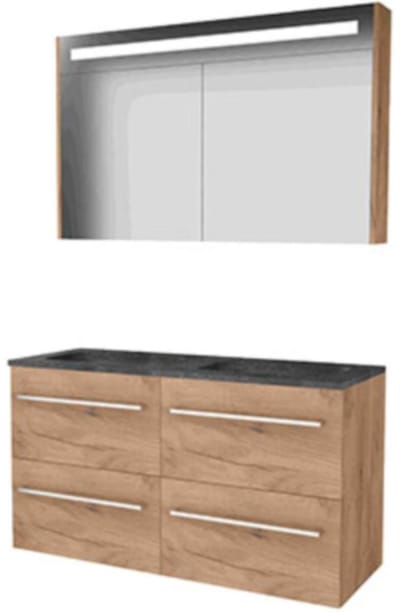 Basic-Line Premium 46 Badkamermeubelset - 120 x 46 cm - Met Grepen - 4 Lades - Hardstenen Wastafel - 2 Kraangaten - Spiegelkast met LED Verlichting - Whisky Oak