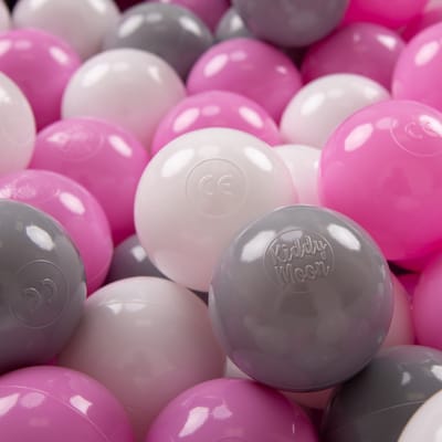 KiddyMoon Ballenbak ballen voor Kinderen Ø7 cm met 100 Stuks - Kinderballen baby - Speelballen voor Ballenbad - BPA-vrij - Ballenbak ballen - Kleurrijke ballen - Baby Speelgoed - Grijs Wit Roze