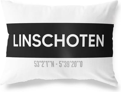 Tuinkussen LINSCHOTEN - UTRECHT met coördinaten - Buitenkussen - Bootkussen - Weerbestendig - Jouw Plaats - Studio216 - Modern - Zwart-Wit - 50x30cm