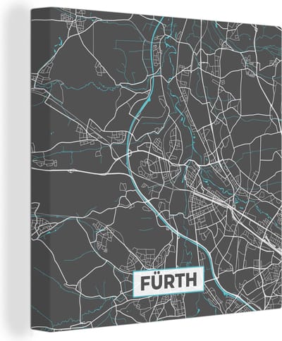 Canvas Schilderij Plattegrond – Fürth– Blauw – Stadskaart – Kaart - Duitsland - 20x20 cm - Wanddecoratie