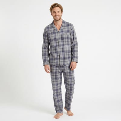 Heren Geruite Doorknoop Pyjama Lange Mouw Lange Broek - Kleine Ruitjes - Katoen - Donkergrijs - Maat XXL - 2502-Grey-XXL