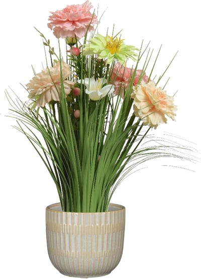 Kunstbloemen boeket roze - in pot lichtgrijs - keramiek - H40 cm