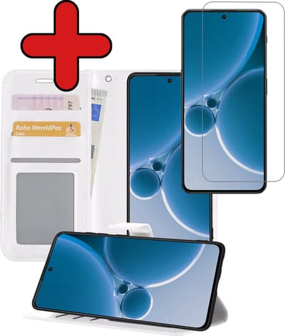 Hoesje - Met Screenprotector - Geschikt voor OnePlus Nord 3 - Luxe Pasjeshouder - Flipcase - Bookcase Portemonee - Flip Case - Kunstleer Book Case - Book Cover - Walletcase - Portemonneehoes - Telefoonhoes - Wit