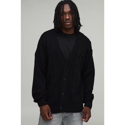 Lang Vest Met Relaxed Pasvorm En Kabelbreipatroon | Black | Size 2XL