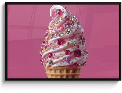 Poster in lijst - Fotolijst 120x80 cm - Posters - Softijs - Edelstenen - Roze - Hoorntje - Posterlijst zwart - Decoratie - Wanddecoratie woonkamer - Muurdecoratie slaapkamer