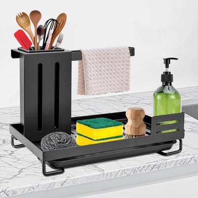Spoelbak-organizer met afvoerpan, wastafel organizer, sponsbakje keuken, gootsteenorganizer, voor keukenaccessoires, spons, borstel