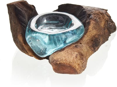 Gesmolten Glas op Houten Stronk - Kaars Houder - Handgemaakt - 10x16cm