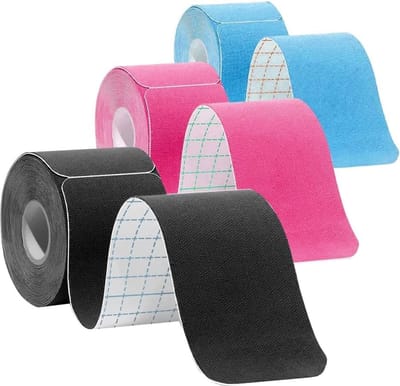 Kinesiologie Tape prefabriceerd,3 rollen 5cmX5M waterdichte elastische spieren, training tape, knieën, schouders en ellebogen（roze+bluaw+zwart）