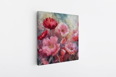 Saammp Canvas Schilderij - Roze met rode bloemen - Abstract - 20x20 - Foto op canvas - Wanddecoratie - Muurdecoratie Woonkamer - Kantoor Decoratie