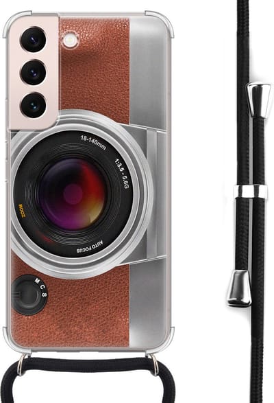 Hoesje met koord - Geschikt voor Samsung Galaxy S22 - Vintage camera - Verstelbaar zwart koord - Crossbody - Print / Illustratie - Bruin, Transparant - Leuke Telefoonhoesjes