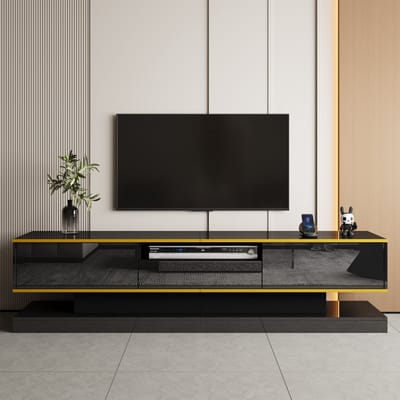 STILVORA TV-Meubel - Modern Hoogglans TV-Meubel Met 3 Lades En Open Vak - Kleurwisselende LED En Gouden Decorstrip - Spaanplaat - 180x38x45 cm - Zwart+Goud