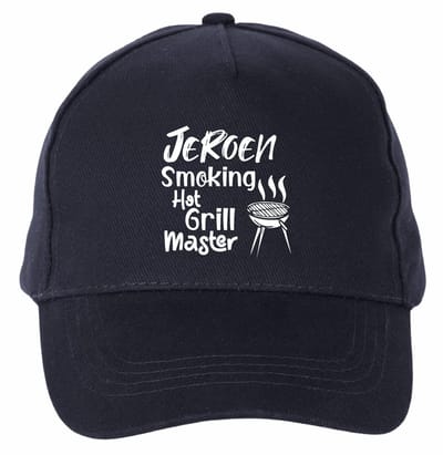 Mijncadeautje - 5 panel - BBQ Cap - Verstelbaar - Pet van 100% dik geborsteld katoen- unisex - opdruk wit - Smoking Hot Grillmaster - met voornaam - Navy Blauw