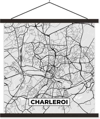 Posterhanger incl. Poster 60x60 cm - Schoolplaat - Stadskaart – Plattegrond – België – Zwart Wit – Charleroi – Kaart - Textielposter - Zwarte latten - Stadskaart