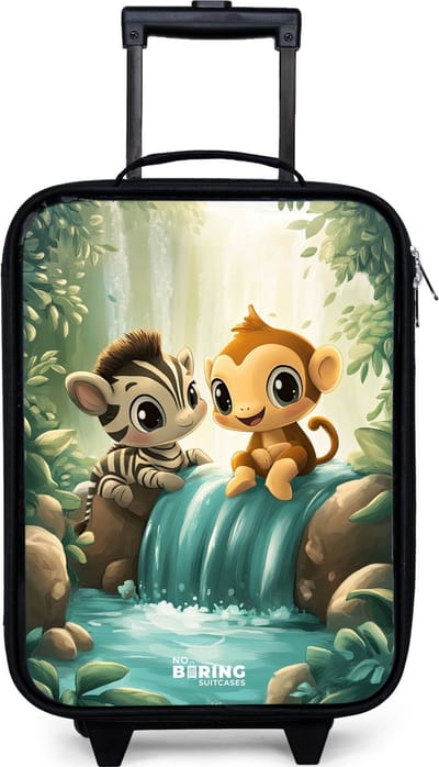 NoBoringSuitcases.com® - Kinderkoffer jongen - Kindertrolley meisje - Zebra - Aapje - Waterval - Rotsen - Koffer kind lichtgewicht - Reiskoffer trolley voor kinderen - Koffertje met lichtgevende wieltjes - Rolkoffer zwart