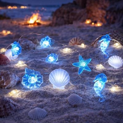 Accu Aangedreven Sfeerverlichting 2 m met 20 LED Zeedieren en Timer, Schelpen Sfeerverlichting voor Kinderkamer, Maritieme Decoratie voor Feestjes, Slaapkamer, Kerst, Bruiloft en Badkamer Decoratie aan Zee