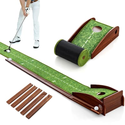 COSTWAY 274 cm Golf Putting Oefenmat Golf Puttingbaan met Automatische Balterugloop met 1 Hole Richtlijn 3 Golfballen voor Binnen/Buiten Gebruik
