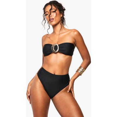 boohoo Dames Gold Trim Detail Bandeau Bikini Top & High Waist Bikini Bottoms Set | Zwart | Maat: 34