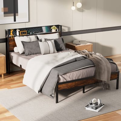 KUTAS Metalen Bedframe - Tweepersoonsbed 140x200 cm - Heavy Duty Metalen Bedframe - Met LED Verlichting - Stopcontacten - USB Poorten - Type C - Hoofdbord met Opbergruimte - Minimalistisch Bedframe - Stevig - Stil - Anti Slip