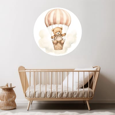 Muurcirkel Beer parachute roze - Ø 100 cm - wit - Dieren - Muurcirkel binnen - Wanddecoratie - muursticker - Babykamer en kinderkamer