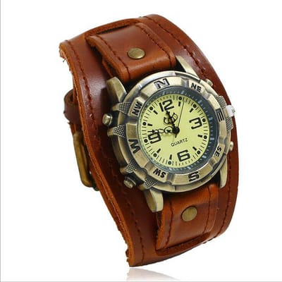 Retro Horloge Grote Brede Echt Lederen Band Horloge Mannen Punk Kwarts Manchet Horloge Polshorloges Armband Ongewoon Polshorloge beige