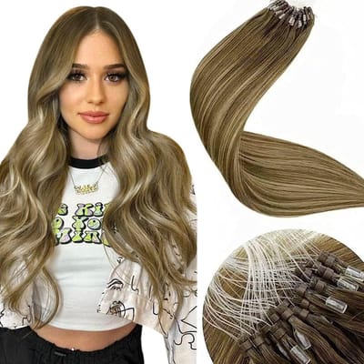LaaVoo Micro Loop Hair Extensions 18"/45cm 50g/50s #8/16/8 Balayage Lichtbruin naar Goudblond met Lichtbruin Micro-ring Echt Haar Extensions Micro Rings Human Hair Extension