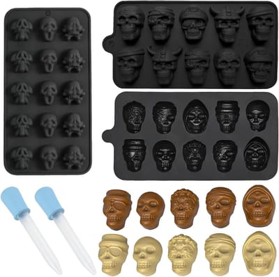 Halloween Skull Silicone Mould - 3D Chocoladevormen voor Snoep, Jelly en IJsblokjes - Set van 3 met 35 Holtes en 2 Druppelaars