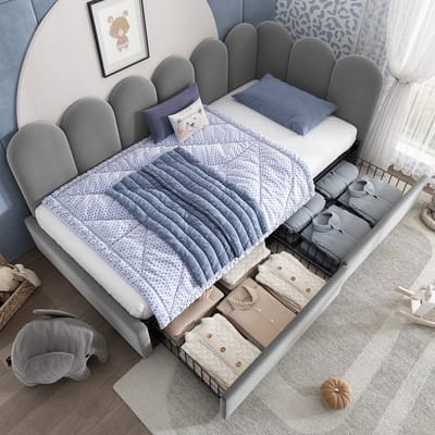 DESMIU Gestoffeerd Bed 90x200 Cm - Eenpersoonsbed Met Opberglades En Omkeerbare Zijdelen - Voor Jeugdkamer En Logeerkamer - Zacht Fluweel - Grijs - Zonder Matras