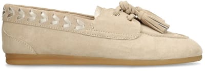 Manfield - Dames - Beige suède loafers met kwastjes - Maat 39