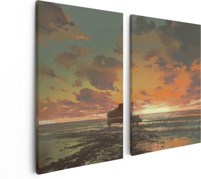 Artaza Canvas Schilderij Tweeluik Piano op het Strand bij Zonsondergang - 80x60 - Foto Op Canvas - Canvas Print