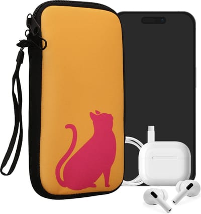 kwmobile hoesje voor smartphones XXL - 7" - hoes van Neopreen - Kat silhouet design - roze / honinggeel - binnenmaat 17,7 x 8,5 cm