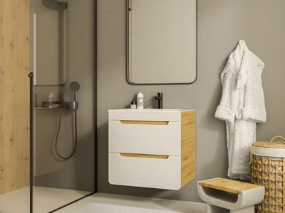 Vente-unique Hangmeubel voor badkamer met inbouwwaskom - Naturel en wit - 60 cm - ARUBA
