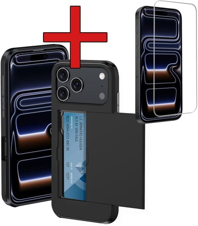 Hoesje Geschikt voor iPhone 17 Pro / 18 Pro Hoesje Met Pasjeshouder Hard Case Met Kaarthouder Met Screenprotector - Hoes Geschikt voor iPhone 17 Pro / 18 Pro Hoesje Pashouder Case - Zwart