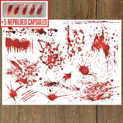 GetGlitterBaby® - Tattoo + Nep Bloed Capsules / Halloween Horror Decoratie Versiering / Carnaval Schmink Make Up Plak Tattoos / Tijdelijke Tattoo / Nep Tatoeage + Vloeibaar Dik Rood Bloed / Nepbloed / Nep Wond / Fake Kunst Blood - 5 Capsules