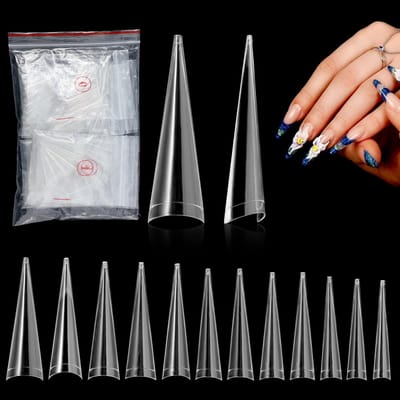 JHUBERS- Nageltips 504 Stuks - Stiletto Kunstnagels - Transparant PVC - Halve Dekking - Lange Puntige Nagelpunten - Natuurlijke Pasvorm