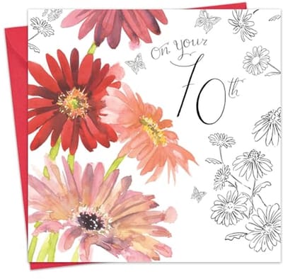 70e Verjaardagskaart voor Dames met Zilverfolie en Bloemen - Uniek Aquareleffect