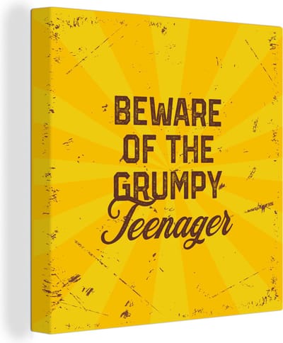 Canvas Schilderij Kinderen - Spreuken - Goud - Beware of the grumpy teenager - 20x20 cm - Wanddecoratie