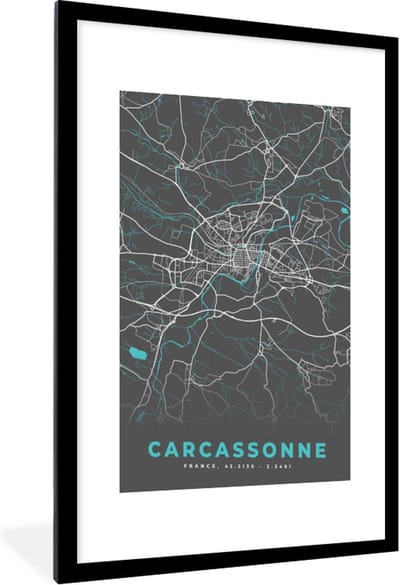 Fotolijst incl. Poster - Carcassonne - Frankrijk - Plattegrond - Kaart - Stadskaart - 60x90 cm - Posterlijst