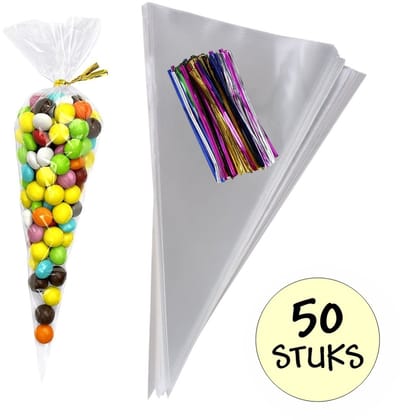 50x Cellofaan Puntzakken 30x16 cm - 50 Stuks Puntzak Doorzichtig - Traktatie Zak - Uitdeelzak - Snoepzak - Inclusief Sluitstrips Mix - 16x30 cm - 50 Stuks