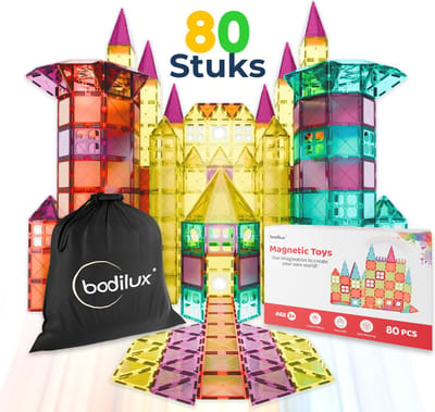 Bodilux® Magnetic Tiles incl. ideeënboekje en opbergtas 80 stuks - Magnetisch Speelgoed – Magnetische tegels - Magnetic Tiles Speelgoed - Montessori Speelgoed - Jongens & Meisjes