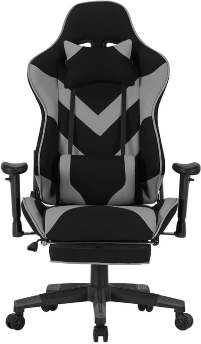 Gaming Stoel - Bureau – Racing - Ergonomische - Verstelbare - met Voetsteun - 155° Ligstand - Nekkussen - Lenden - Kunstleer – 360° Draaibare Wielen - Tot 136 kg Draagvermogen - Grijze Stof