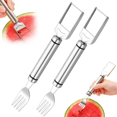 delige set watermeloensnijder - in - verbeterde watermeloenvorksnijder - fruitvorksnijder met dubbele kop - ronde handgreep - zilverkleurig, twee stuks - 2 - 1 fruitsnijder