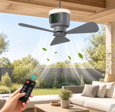 MUPOO Draagbare Oplaadbare ventilator lamp camper met Afstandsbediening - Ø 45cm-12000mAh - 4 Standen-Timer - Stille Motor & Type-C Opladen - lamp ventilator plafond voor Slaapkamer, Tuin, Kamperen, RVs & Buiten