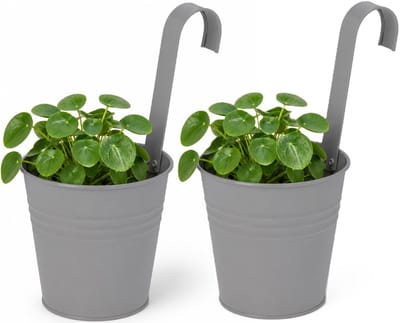 Progarden Bloempotje met haak - 2x - plantenbak zink met ophanghaak - grijs - 20 x 13 x 26 cm - ophangbaar - Balkon/schutting plantenpot