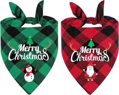 Daity Kerst hondenbandana's - klassieke geruite driehoekige feestsjaals - 2-pack met kerstman- en sneeuwpopprints - winterkleding voor huisdieren voor jongens en meisjes - rood en groen geruite hondenkleding voor middelgrote tot grote honden (maat L)