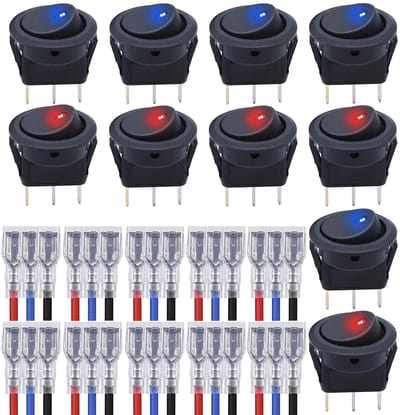 Allecto - Tuimelschakelaar - Ronde schakelaar - 10 stuks - 12 V 20 A - Led-puntlicht - Geschikt voor auto en boot - Rood en blauw