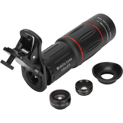 4-in-1 Telefoon Camera Lens Kit 18x Telefoto Lens Fisheye Macro Groothoeklens voor Smartphone Tablet black