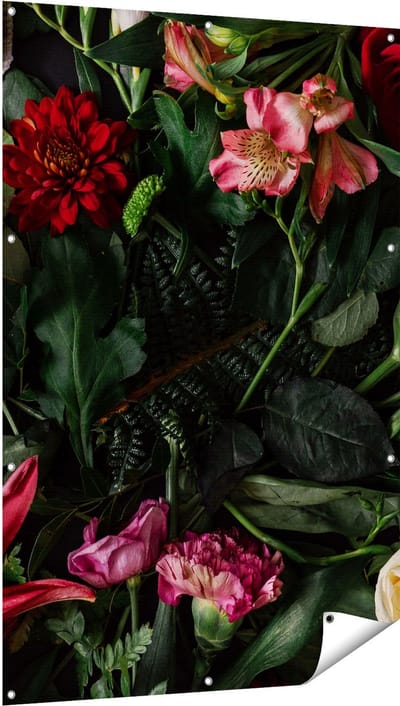 Gards Tuinposter Kleurrijke Bloemen met Groene Bladeren - 100x150 cm - Tuindoek - Tuindecoratie - Wanddecoratie buiten - Tuinschilderij
