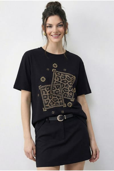 Ronde Hals Geometrisch Pailletten Gedrukt T-Shirt