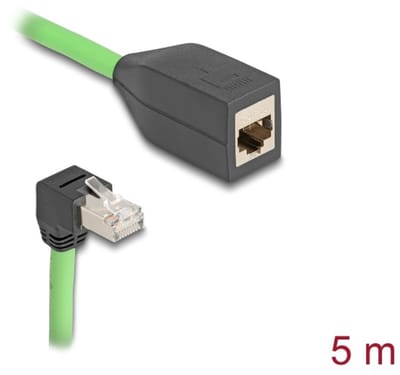 Delock RJ45 Network Extension Cable Cat.6A plug downwards angled to jack SF/UTP suitable for drag chains PUR (TPU) 5 m green