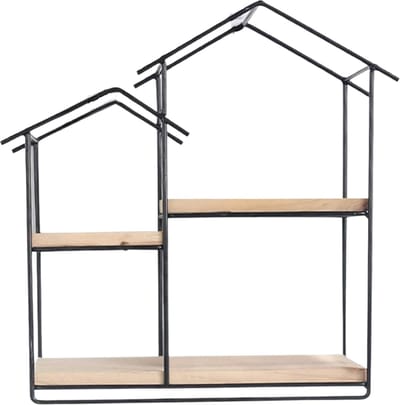 Caryota Wandrek 2 Huisjes - Wanddecoratie - 3 Houtenplankjes - Zwart - 28 x 24 x 12 cm - Metaal
